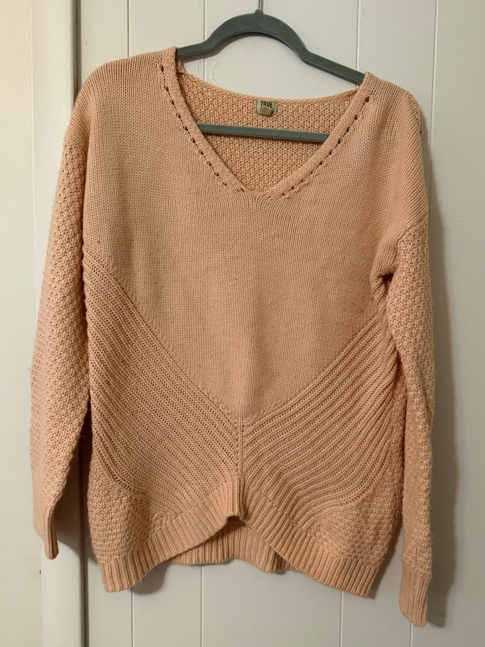 True Craft Peach V-Neck Textured Knit Sweater